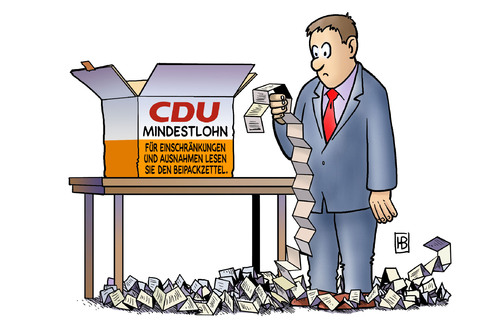 Cartoon: CDU-Mindestlohn (medium) by Harm Bengen tagged mindestlohn,cdu,lohnuntergrenze,streit,parteitag,merkel,bundeskanzlerin,kompromiss,leyen,ausnahmen,tarif,lohn,gewerkschaften,verhandlungen,mindestlohn,lohnuntergrenze,cdu,streit,parteitag,bundeskanzlerin,leyen,ausnahmen