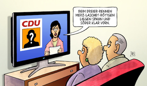 Cartoon: CDU-Rennen (medium) by Harm Bengen tagged dreier,rennen,merz,laschet,röttgen,spahn,söder,cdu,kanzlerkandidat,tv,harm,bengen,cartoon,karikatur,dreier,rennen,merz,laschet,röttgen,spahn,söder,cdu,kanzlerkandidat,tv,harm,bengen,cartoon,karikatur