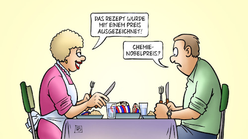 Cartoon: Chemie-Nobelpreis 2024 (medium) by Harm Bengen tagged rezept,preis,ausgezeichnet,chemie,nobelpreis,essen,ehepaar,harm,bengen,cartoon,karikatur,rezept,preis,ausgezeichnet,chemie,nobelpreis,essen,ehepaar,harm,bengen,cartoon,karikatur