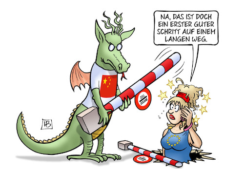 Cartoon: China-EU-Autozölle (medium) by Harm Bengen tagged china,eu,europa,drachen,zoll,autozölle,strafzölle,schlagbaum,harm,bengen,cartoon,karikatur,china,eu,europa,drachen,zoll,autozölle,strafzölle,schlagbaum,harm,bengen,cartoon,karikatur