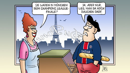 Cartoon: CL-Finale 2025 (medium) by Harm Bengen tagged münchen,champions,league,finale,rauchen,zigarette,paris,mailand,trikot,bäckerei,fußball,frankreich,harm,bengen,cartoon,karikatur,münchen,champions,league,finale,rauchen,zigarette,paris,mailand,trikot,bäckerei,fußball,frankreich,harm,bengen,cartoon,karikatur