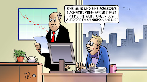 Cartoon: CO2-Niedrigrekord (medium) by Harm Bengen tagged gute,schlechte,nachricht,chef,pleit,co2,ausstoss,niedrigrekord,buero,computer,klima,wirtschaft,bilanz,harm,bengen,cartoon,karikatur,gute,schlechte,nachricht,chef,pleit,co2,ausstoss,niedrigrekord,buero,computer,klima,wirtschaft,bilanz,harm,bengen,cartoon,karikatur