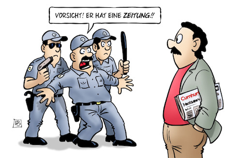 Cartoon: Cumhuriyet-Prozess (medium) by Harm Bengen tagged cumhuriyet,prozess,tuerkei,polizei,pressefreiheit,zeitung,harm,bengen,cartoon,karikatur,cumhuriyet,prozess,tuerkei,polizei,pressefreiheit,zeitung,harm,bengen,cartoon,karikatur