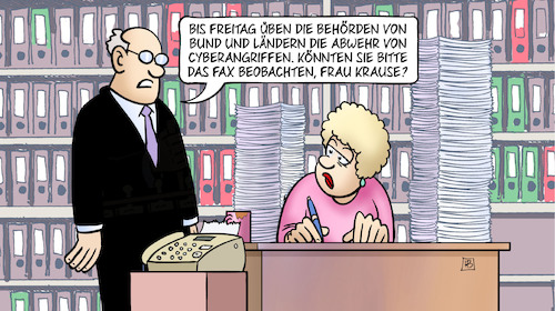 Cartoon: Cyberabwehr (medium) by Harm Bengen tagged cyberabwehr,behörden,abwehr,cyberangriffe,fax,amt,büro,harm,bengen,cartoon,karikatur,cyberabwehr,behörden,abwehr,cyberangriffe,fax,amt,büro,harm,bengen,cartoon,karikatur
