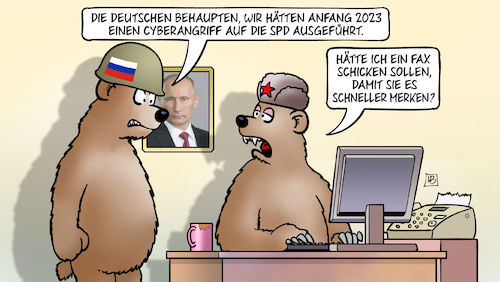 Cartoon: Cyberangriff auf SPD (medium) by Harm Bengen tagged deutschland,russland,cyberangriff,spd,fax,bären,computer,krieg,ukraine,spionage,harm,bengen,cartoon,karikatur,deutschland,russland,cyberangriff,spd,fax,bären,computer,krieg,ukraine,spionage,harm,bengen,cartoon,karikatur