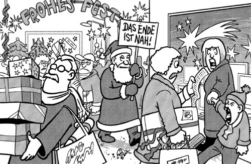 Cartoon: Das Ende (medium) by Harm Bengen tagged ende,weltuntergang,mayas,mayakalender,apokalypse,weihnachten,einkauf,stress,weihnachtsmann,nikolaus,geschenke,karikatur,harm,bengen,cartoon