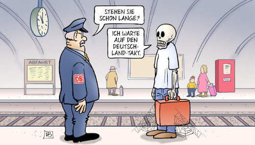 Cartoon: Deutschland-Takt (medium) by Harm Bengen tagged bahn,bahnsteig,bahnhof,schaffner,skelett,scheuer,deutschland,takt,warten,schienenpakt,masterplan,schienenverkehr,harm,bengen,cartoon,karikatur,bahn,bahnsteig,bahnhof,schaffner,skelett,scheuer,deutschland,takt,warten,schienenpakt,masterplan,schienenverkehr,harm,bengen,cartoon,karikatur