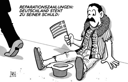 Cartoon: Deutschlands Schuld (medium) by Harm Bengen tagged reparationszahlungen,schuld,kranz,trauer,krieg,finanzen,grexit,schulden,deutschland,institutionen,hilfe,griechen,eurozone,ezb,iwf,troika,eu,euro,europa,griechenland,harm,bengen,cartoon,karikatur
