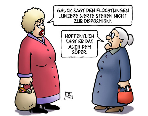 Cartoon: Disposition (medium) by Harm Bengen tagged gauck,fluechtlinge,flucht,asyl,asylrecht,werte,disposition,bayern,finanzminister,soeder,susemil,harm,bengen,cartoon,karikatur,gauck,fluechtlinge,flucht,asyl,asylrecht,werte,disposition,bayern,finanzminister,soeder,susemil,harm,bengen,cartoon,karikatur