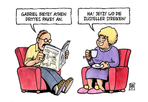 Cartoon: Drittes Griechenpaket (medium) by Harm Bengen tagged gabriel,wirtschaftsminister,spd,athen,drittes,paket,hilfspaket,kredit,schulden,griechenland,zusteller,streiken,post,streik,einsetzen,arbeitskampf,tarifauseinandersetzung,tarifkampf,gewerkschaft,harm,bengen,cartoon,karikatur,gabriel,wirtschaftsminister,spd,athen,drittes,paket,hilfspaket,kredit,schulden,griechenland,zusteller,streiken,post,streik,einsetzen,arbeitskampf,tarifauseinandersetzung,tarifkampf,gewerkschaft,harm,bengen,cartoon,karikatur