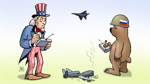 Cartoon: Drohnen-Absturz (medium) by Harm Bengen tagged drohnen,absturz,mig,kampfjet,uncle,sam,bär,fernbedienung,fernsteuerung,krieg,ukraine,russland,harm,bengen,cartoon,karikatur,drohnen,absturz,mig,kampfjet,uncle,sam,bär,fernbedienung,fernsteuerung,krieg,ukraine,russland,harm,bengen,cartoon,karikatur