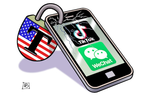 Cartoon: Druck auf TikTok (medium) by Harm Bengen tagged trump,wahlkampf,leere,raenge,tiktok,wechat,app,smartphone,splitter,sprünge,schloss,usa,china,verbot,harm,bengen,cartoon,karikatur,trump,wahlkampf,leere,raenge,tiktok,wechat,app,smartphone,splitter,sprünge,schloss,usa,china,verbot,harm,bengen,cartoon,karikatur