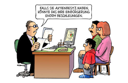 Cartoon: Einbürgerungserleichterung (medium) by Harm Bengen tagged einbürgerungserleichterung,einbürgerung,aktienbesitz,migration,einwanderung,amt,behörde,ausländerbehörde,harm,bengen,cartoon,karikatur,einbürgerungserleichterung,einbürgerung,aktienbesitz,migration,einwanderung,amt,behörde,ausländerbehörde,harm,bengen,cartoon,karikatur