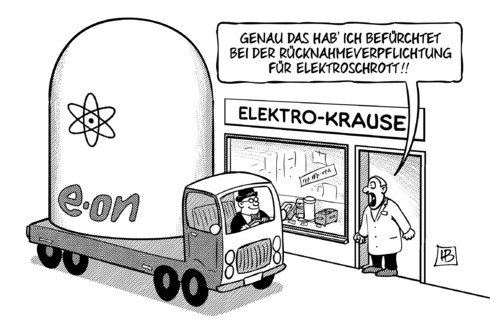 Cartoon: Elektroschrott (medium) by Harm Bengen tagged rücknahmeverpflichtung,elektroschrott,elektronik,eon,atomkraft,energiewende,harm,bengen,cartoon,karikatur
