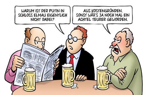 Cartoon: Elmau-Kosten (medium) by Harm Bengen tagged g7,schloss,elmau,kosten,putin,in,kostengründe,achtel,teurer,stammtisch,harm,bengen,cartoon,karikatur,g7,schloss,elmau,kosten,putin,in,kostengründe,achtel,teurer,stammtisch,harm,bengen,cartoon,karikatur