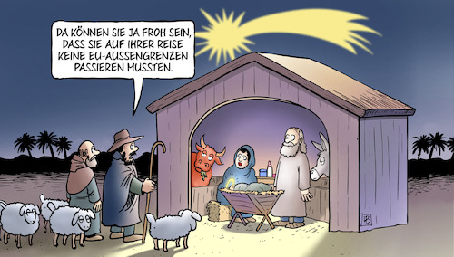 Cartoon: EU-Asylreform (medium) by Harm Bengen tagged reise,eu,europa,aussengrenzen,asylreform,flüchtlinge,weihnachten,krippe,maria,josef,jesus,hirten,stall,harm,bengen,cartoon,karikatur,reise,eu,europa,aussengrenzen,asylreform,flüchtlinge,weihnachten,krippe,maria,josef,jesus,hirten,stall,harm,bengen,cartoon,karikatur