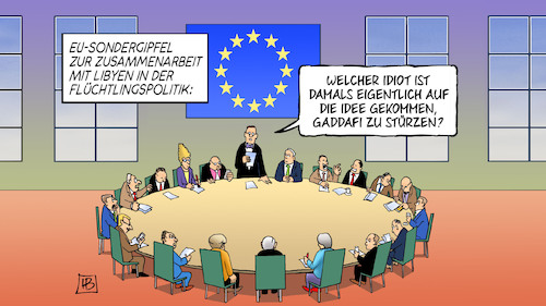 Cartoon: EU und Libyen (medium) by Harm Bengen tagged eu,europa,sondergipfel,zusammenarbeit,libyen,flüchtlingspolitik,idiot,idee,gaddafi,harm,bengen,cartoon,karikatur,eu,europa,sondergipfel,zusammenarbeit,libyen,flüchtlingspolitik,idiot,idee,gaddafi,harm,bengen,cartoon,karikatur