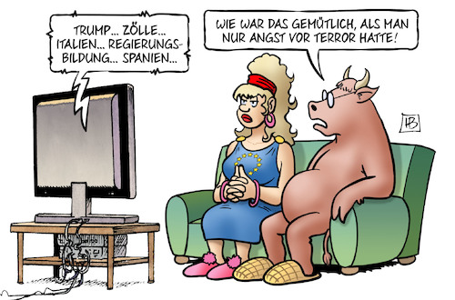 Cartoon: Europäische Gemütlichkeit (medium) by Harm Bengen tagged europäische,gemütlichkeit,europa,stier,sofa,tv,trump,strafzölle,zoll,italien,regierungsbildung,rajoy,spanien,angst,terror,harm,bengen,cartoon,karikatur,europäische,gemütlichkeit,europa,stier,sofa,tv,trump,strafzölle,zoll,italien,regierungsbildung,rajoy,spanien,angst,terror,harm,bengen,cartoon,karikatur