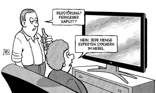 Cartoon: Experten1 (medium) by Harm Bengen tagged bildstörung,fernseher,kaputt,nebel,experten,schweigeminute,absturzexperten,germanwings,flugzeugabsturz,fliegen,tv,harm,bengen,cartoon,karikatur