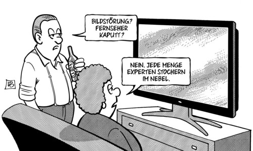 Cartoon: Experten1 (medium) by Harm Bengen tagged bildstörung,fernseher,kaputt,nebel,experten,schweigeminute,absturzexperten,germanwings,flugzeugabsturz,fliegen,tv,harm,bengen,cartoon,karikatur