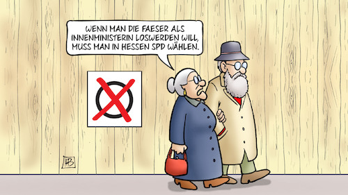 Cartoon: Faeser loswerden (medium) by Harm Bengen tagged faeser,innenministerin,loswerden,hessen,spd,wählen,landtagswahl,susemil,harm,bengen,cartoon,karikatur,faeser,innenministerin,loswerden,hessen,spd,wählen,landtagswahl,susemil,harm,bengen,cartoon,karikatur