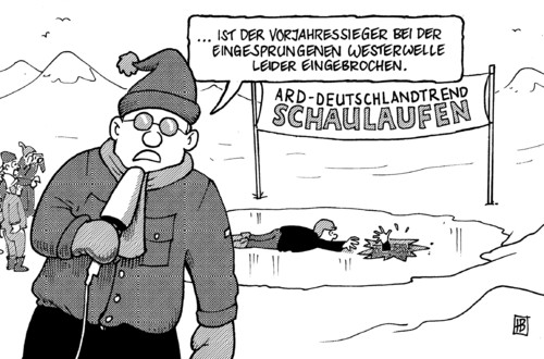 Cartoon: FDP-Einbruch (medium) by Harm Bengen tagged fdp,einbruch,ard,umfrage,regierung,westerwelle,koalition,schlittschuhlaufen,eiskunstlauf,eis,gefroren,reporter