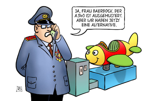 Cartoon: Flugbereitschaft (medium) by Harm Bengen tagged aussenministerin,reise,baerbock,flugzeug,a340,ausgemustert,alternative,flugbereitschaft,bundeswehr,luftwaffe,kinderspielzeug,harm,bengen,cartoon,karikatur,aussenministerin,reise,baerbock,flugzeug,a340,ausgemustert,alternative,flugbereitschaft,bundeswehr,luftwaffe,kinderspielzeug,harm,bengen,cartoon,karikatur