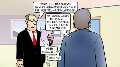 Cartoon: Fragebogenverweigerer (medium) by Harm Bengen tagged boris,pistorius,berlin,musterungsfragebogen,liegestütze,armee,bundeswehr,bußgeld,harm,bengen,cartoon,karikatur,boris,pistorius,berlin,musterungsfragebogen,liegestütze,armee,bundeswehr,bußgeld,harm,bengen,cartoon,karikatur