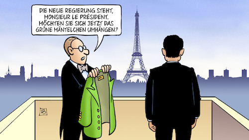 Cartoon: Franz. Regierung (medium) by Harm Bengen tagged französische,regierung,frankreich,eifelturm,paris,butler,macron,grün,mäntelchen,mantel,harm,bengen,cartoon,karikatur,französische,regierung,frankreich,eifelturm,paris,butler,macron,grün,mäntelchen,mantel,harm,bengen,cartoon,karikatur