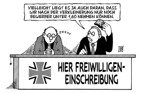 Cartoon: Freiwilligeneinschreibung (medium) by Harm Bengen tagged freiwillige,einschreibung,bundeswehr,berufssoldaten,zeitsoldaten,verpflichtung,verkleinerung,bundeswehrreform,maiziere,verteidigungsminister,demaiziere,guttenberg