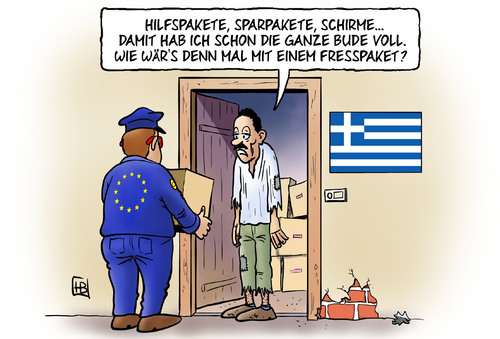 Cartoon: Fresspaket (medium) by Harm Bengen tagged wirtschaft,hunger,pakete,fresspakete,rettungspakete,hilfspakete,demonstrationen,widerstand,unruhen,aufstand,pleite,bankrott,raub,erpressung,efsf,verschuldung,schulden,euroschuldenkrise,euro,eu,europa,rettungsschirm,zinsen,staatsanleihen,versicherungen,hedgefonds,banken,griechenland,troika,esm,esm,troika,griechenland,banken,hedgefonds,versicherungen,staatsanleihen,zinsen,rettungsschirm,europa,eu,euro,euroschuldenkrise