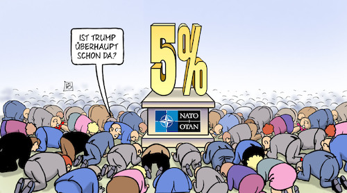 Cartoon: Fünf-Prozent-Fetisch (medium) by Harm Bengen tagged trump,fünf,prozent,fetisch,anbetung,nato,gipfel,rüstung,verteidigungsausgaben,harm,bengen,cartoon,karikatur,trump,fünf,prozent,fetisch,anbetung,nato,gipfel,rüstung,verteidigungsausgaben,harm,bengen,cartoon,karikatur