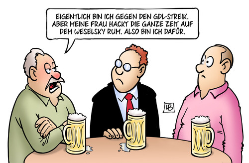 Cartoon: Für oder gegen GDL (medium) by Harm Bengen tagged gdl,streik,bahn,db,stammtisch,frau,weselsky,zustimmung,ablehnung,harm,bengen,cartoon,karikatur,gdl,streik,bahn,db,stammtisch,frau,weselsky,zustimmung,ablehnung,harm,bengen,cartoon,karikatur