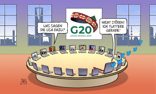 Cartoon: G20-2020 (medium) by Harm Bengen tagged g20,videokonferenz,gipfel,riad,riyad,saudi,arabien,usa,trump,krawatte,laptops,twitter,harm,bengen,cartoon,karikatur,g20,videokonferenz,gipfel,riad,riyad,saudi,arabien,usa,trump,krawatte,laptops,twitter,harm,bengen,cartoon,karikatur