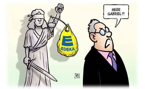 Cartoon: Gabriels Edeka-Klage (medium) by Harm Bengen tagged wirtschaftsminister,gabriel,edeka,rewe,kaisers,tengelmann,klage,gericht,justitia,ministererlaubnis,kartellamt,fusion,harm,bengen,cartoon,karikatur,wirtschaftsminister,gabriel,edeka,rewe,kaisers,tengelmann,klage,gericht,justitia,ministererlaubnis,kartellamt,fusion,harm,bengen,cartoon,karikatur