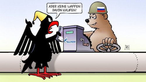 Cartoon: Gaskauf (medium) by Harm Bengen tagged gaskauf,kaufen,pipeline,adler,bär,stahlhelm,geld,kasse,gasprom,waffen,russland,ukraine,krieg,harm,bengen,cartoon,karikatur,gaskauf,kaufen,pipeline,adler,bär,stahlhelm,geld,kasse,gasprom,waffen,russland,ukraine,krieg,harm,bengen,cartoon,karikatur