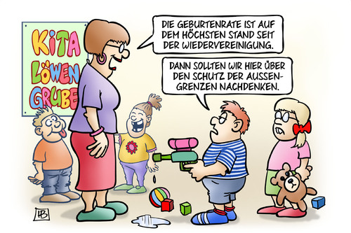 Cartoon: Geburtenrate steigt (medium) by Harm Bengen tagged geburtenrate,steigt,hoechststand,wiedervereinigung,kinder,kita,kindergarten,schutz,aussengrenzen,fluechtlinge,asyl,harm,bengen,cartoon,karikatur,geburtenrate,steigt,hoechststand,wiedervereinigung,kinder,kita,kindergarten,schutz,aussengrenzen,fluechtlinge,asyl,harm,bengen,cartoon,karikatur