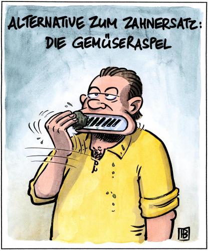 Cartoon: Gemüseraspel (medium) by Harm Bengen tagged gemüseraspel,gemüse,sparen,geld,zähne,gesundheit,zahnersatz,krankenkasse,gebiss,zähne,zahn,gebiss,mund,beißer,zahnarzt,gesundheit,raspel,raspeln,gemüseraspel,gemüse,prothese,ersatz,krankenkasse,sparen,geld,beiträge,beitrag,kosten,preise,alternative,kreativität