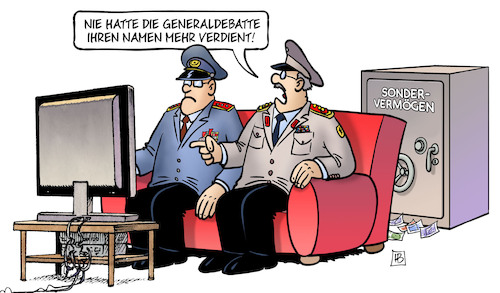 Cartoon: Generaldebatte für Generäle (medium) by Harm Bengen tagged sondervermögen,generaldebatte,bundestag,bundeswehr,safe,geld,general,generäle,tv,ukraine,krieg,harm,bengen,cartoon,karikatur,sondervermögen,generaldebatte,bundestag,bundeswehr,safe,geld,general,generäle,tv,ukraine,krieg,harm,bengen,cartoon,karikatur