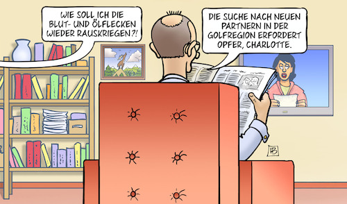 Cartoon: Golf-Flecken (medium) by Harm Bengen tagged blut,ölflecken,flecken,wäsche,waschen,suche,partner,golfregion,opfer,charlotte,merz,menschenrechte,harm,bengen,cartoon,karikatur,blut,ölflecken,flecken,wäsche,waschen,suche,partner,golfregion,opfer,charlotte,merz,menschenrechte,harm,bengen,cartoon,karikatur