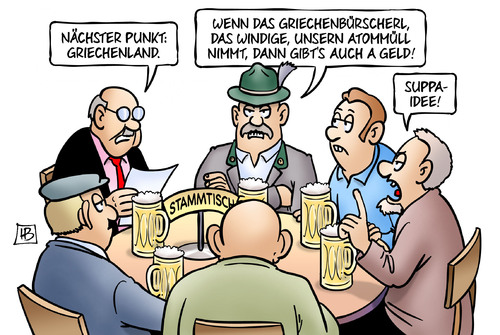 Cartoon: Griechen und Atommüll (medium) by Harm Bengen tagged bayern,stammtisch,atommüll,energiewende,akw,kernkraft,geld,krise,grexit,troika,institutionen,eu,ezb,iwf,griechenland,pleite,schulden,harm,bengen,cartoon,karikatur,bayern,stammtisch,atommüll,energiewende,akw,kernkraft,geld,krise,grexit,troika,institutionen,eu,ezb,iwf,griechenland,pleite,schulden,harm,bengen,cartoon,karikatur