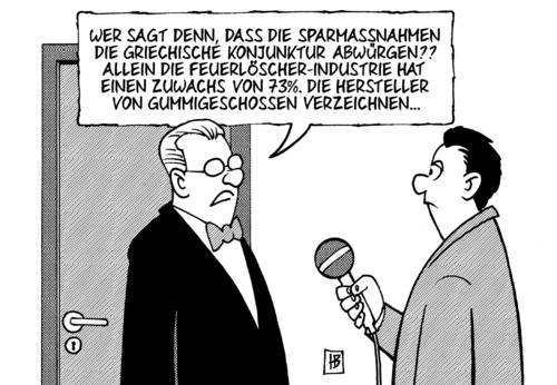 Cartoon: Griechische Konjunktur (medium) by Harm Bengen tagged griechenland,konjunktur,finanzkrise,finanzen,banken,kredite,aufstand,protest,feuer,gummigeschosse,polizei,zuwachs,wirtschaft