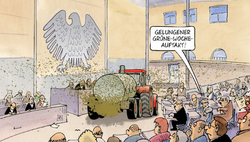 Cartoon: Grüne-Woche-Auftakt (medium) by Harm Bengen tagged grüne,woche,auftakt,landwirtschaft,bundestag,guelle,bauernblockaden,bauern,proteste,harm,bengen,cartoon,karikatur,grüne,woche,auftakt,landwirtschaft,bundestag,guelle,bauernblockaden,bauern,proteste,harm,bengen,cartoon,karikatur