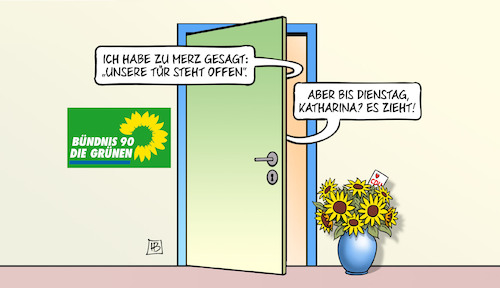 Cartoon: Grüne Tür offen (medium) by Harm Bengen tagged merz,tür,offen,grüne,klimaschutz,blumenstrauß,sonnenblumen,geld,schuldenpaket,sondervermögen,bundestag,schuldenbremse,harm,bengen,cartoon,karikatur,merz,tür,offen,grüne,klimaschutz,blumenstrauß,sonnenblumen,geld,schuldenpaket,sondervermögen,bundestag,schuldenbremse,harm,bengen,cartoon,karikatur