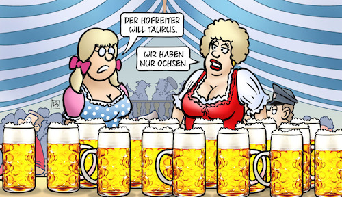 Cartoon: Grüne und Taurus (medium) by Harm Bengen tagged hofreiter,taurus,marschflugkörper,grüne,ochsen,bier,oktoberfest,drindl,festzelt,russland,ukraine,krieg,harm,bengen,cartoon,karikatur,hofreiter,taurus,marschflugkörper,grüne,ochsen,bier,oktoberfest,drindl,festzelt,russland,ukraine,krieg,harm,bengen,cartoon,karikatur