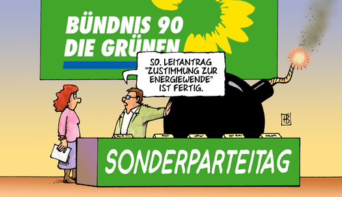 Cartoon: Grüne Zustimmung (medium) by Harm Bengen tagged grüne,zustimmung,sonderparteitag,parteitag,leitantrag,antrag,roth,künast,trittin,basis,sprengstoff,bombe,sprengkraft,atom,atomstrom,atomkraft,kernkraft,ausstieg,grüne,zustimmung,sonderparteitag,parteitag,roth,künast,trittin,basis,bombe,sprengkraft,atomkraft,kernkraft,ausstieg,atomstrom,atom