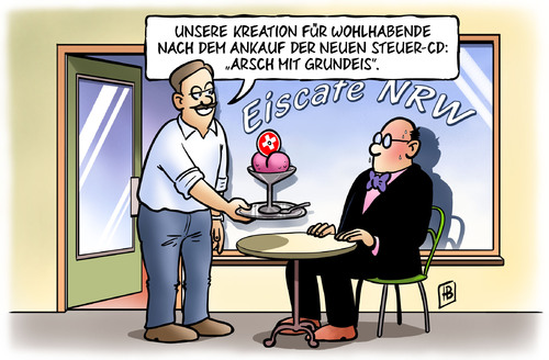 Cartoon: Grundeis (medium) by Harm Bengen tagged grundeis,arsch,kreation,eis,eiscafe,eisdiele,eisbecher,cafe,nrw,nordrhein,westfalen,steuer,cd,ankauf,deutschland,schweiz,wohlhabende,reiche,steuerhinterziehung,banken,daten,konten,kellner,kunde,grundeis,kreation,steuer,nrw,schweiz