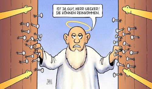 Cartoon: Günther Uecker (medium) by Harm Bengen tagged guenther,uecker,nagelbilder,kuenstler,himmel,petrus,tod,himmelstür,harm,bengen,cartoon,karikatur,guenther,uecker,nagelbilder,kuenstler,himmel,petrus,tod,himmelstür,harm,bengen,cartoon,karikatur