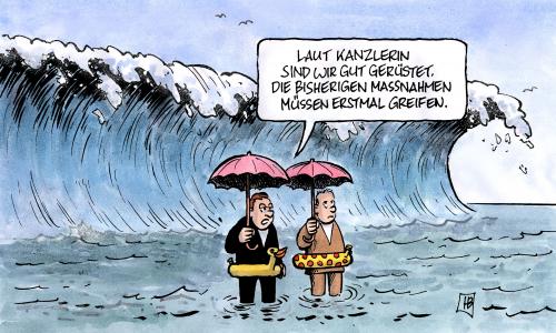 Cartoon: Gut gerüstet (medium) by Harm Bengen tagged gerüstet,krise,kanzlerin,merkle,konjunktur,konjunkturgipfel,schirm,rettungsschirm,rettungsring,schwimmring,meer,ozean,welle,tsunami,cartoon,cartoons,wirtschaft,wirtschaftskrise,finanzkrise,angela merkel,kanzler,kanzlerin,bundeskanzlerin,bundeskanzler,konjunktur,konjunkturgipfel,schirm,rettungsschirm,rettungsring,schwimmring,ozean,meer,welle,tsunami,rettungspaket,vollgas,angela,merkel,katastrophe,untergang