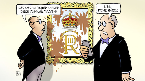 Cartoon: Harry wirft mit Dreck (medium) by Harm Bengen tagged klimaaktivisten,prinz,harry,charles,könig,royals,gb,uk,bild,dreck,butler,familie,harm,bengen,cartoon,karikatur,klimaaktivisten,prinz,harry,charles,könig,royals,gb,uk,bild,dreck,butler,familie,harm,bengen,cartoon,karikatur